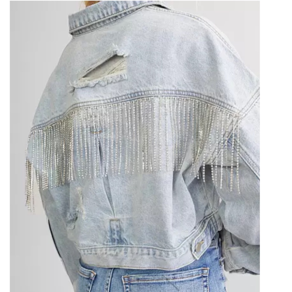FESTIVAL 🔥 CONCERT RHINESTONE FRINGE 100% COTTON DENIM JACKET
